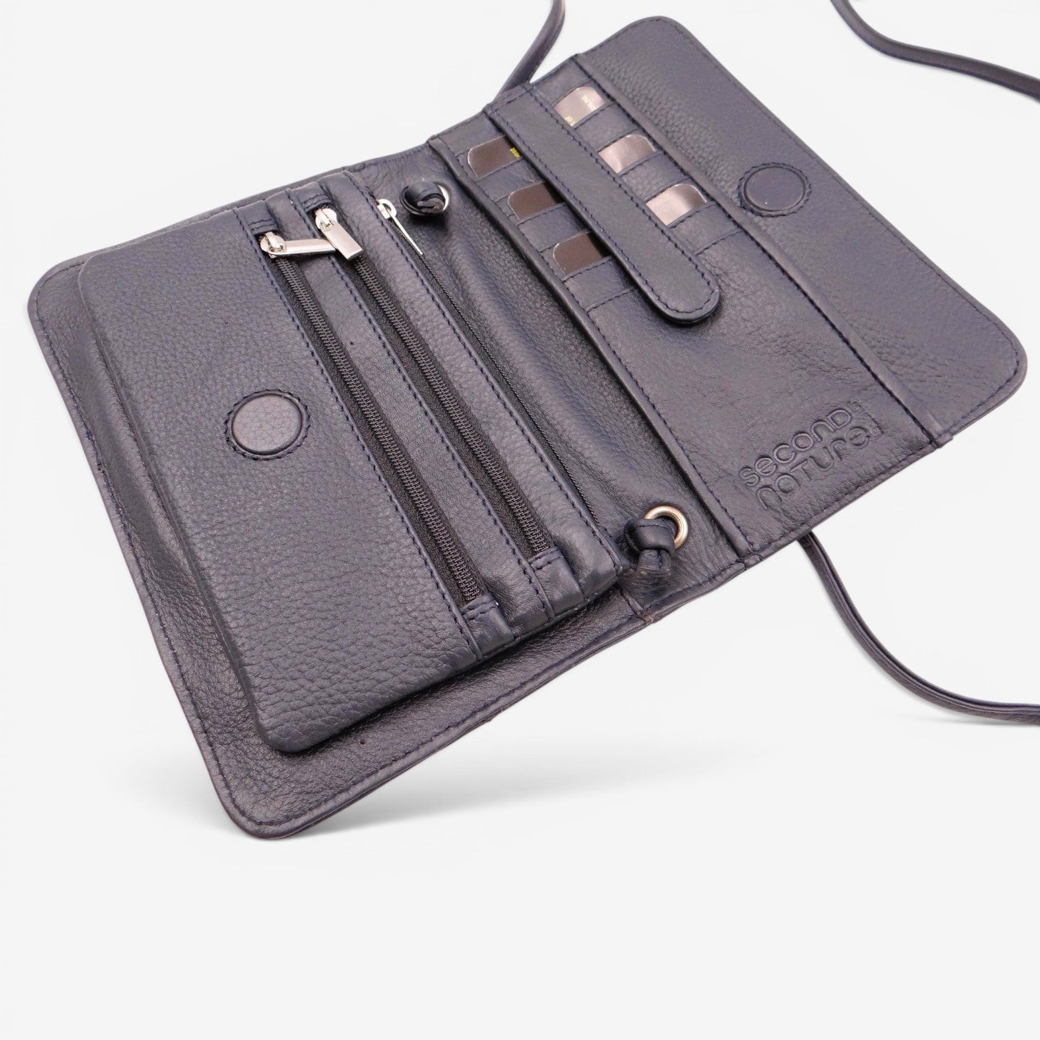 Navy blue Second Nature CB4 handbag with sleek design and silver hardware, featuring handles and a structured shape.