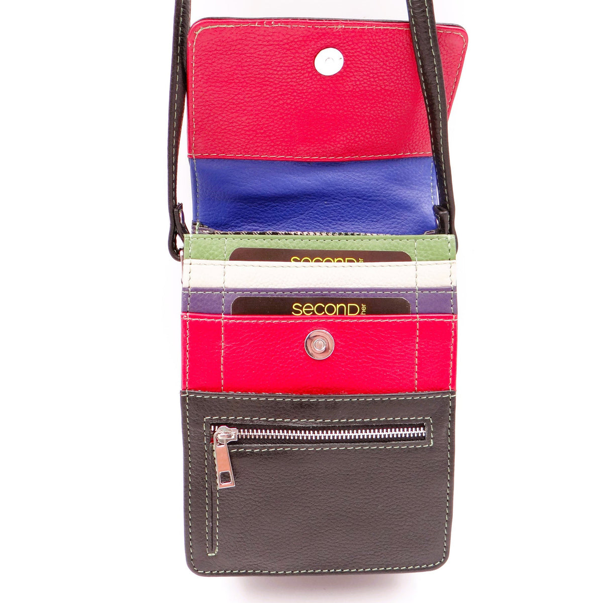 Second Nature black multi-color handbag with quilted design and silver chain strap, stylish accessory for everyday use.