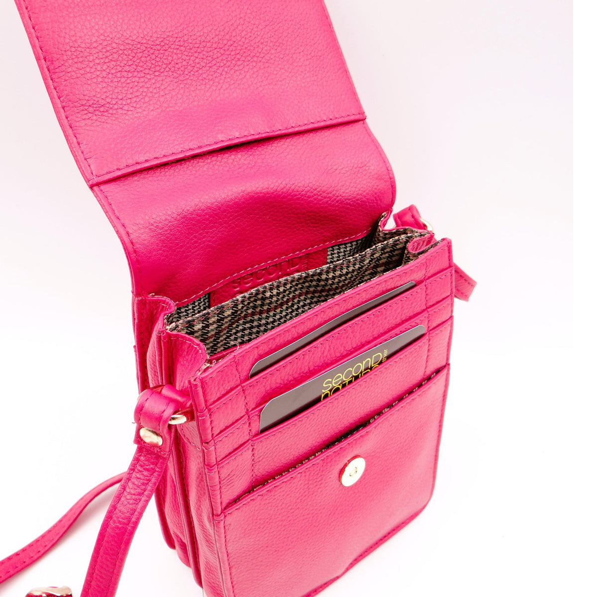 Second Nature CB6 Fuchsia handbag with smooth leather finish and silver hardware, featuring a structured shape and top handle.