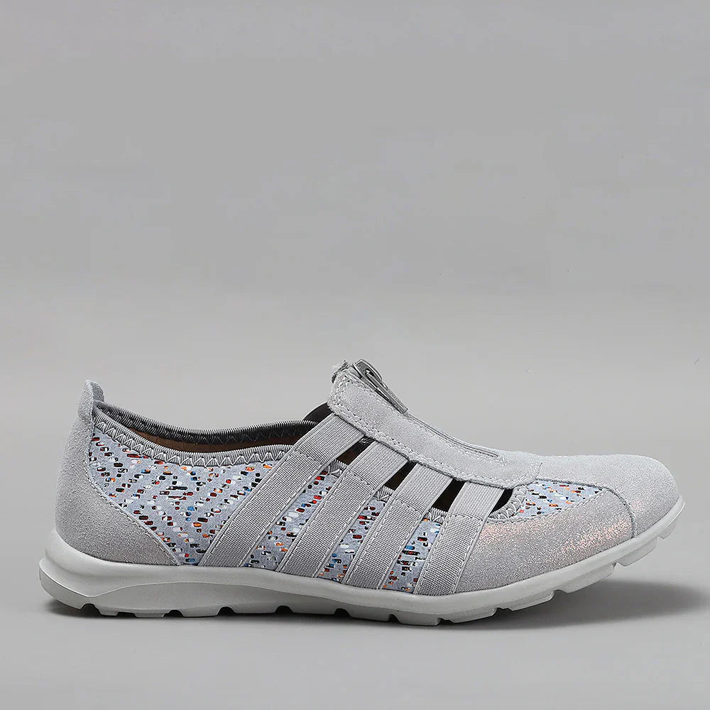 CC Resorts Christine Grey Multi casuals shoe showing side view with grey and multi-colored details.