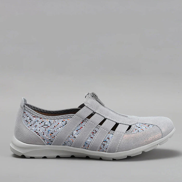 CC Resorts Christine Grey Multi casuals showing the multi-colored patterned fabric and comfortable slip-on design.