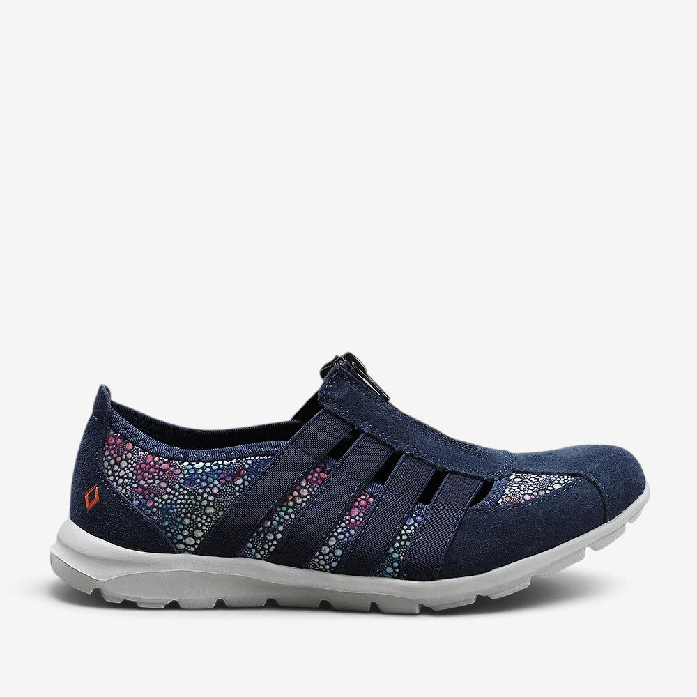 CC Resorts Christine navy floral casuals showing navy fabric with colorful floral pattern on a relaxed shoe style.