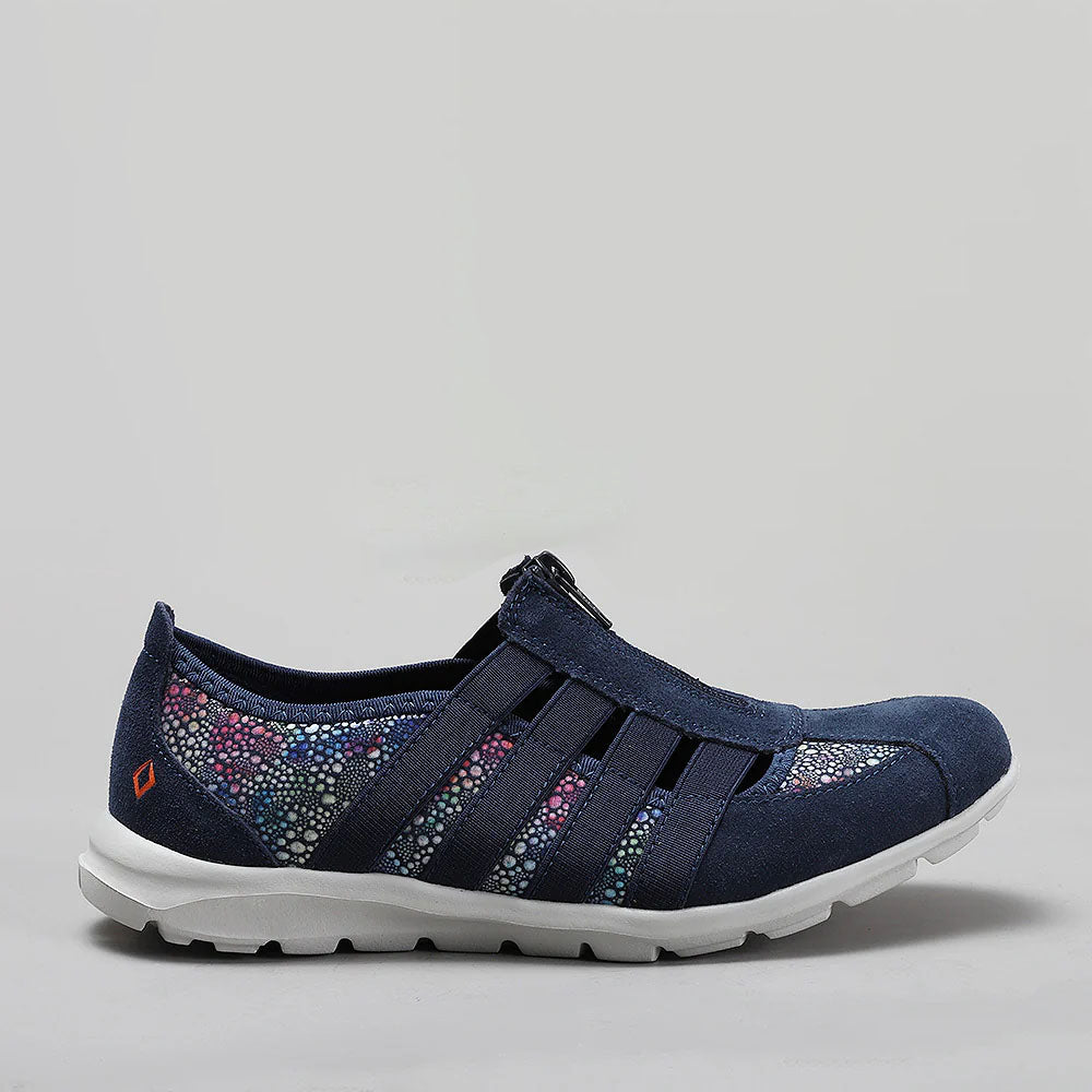 CC Resorts Christine Navy Floral casuals showing navy fabric with colorful floral pattern and relaxed fit.