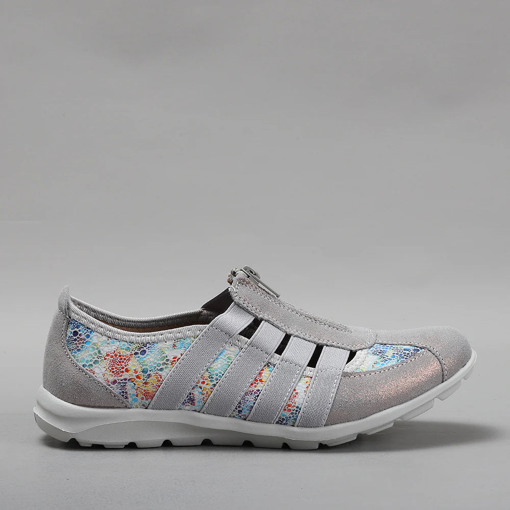 CC Resorts Christine grey floral casuals shoe with grey and floral design, side view showing stylish, comfortable footwear.
