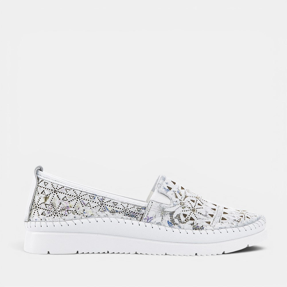 CABELLO Clear White Print slip-on shoes with transparent design and white pattern, casual footwear for everyday wear