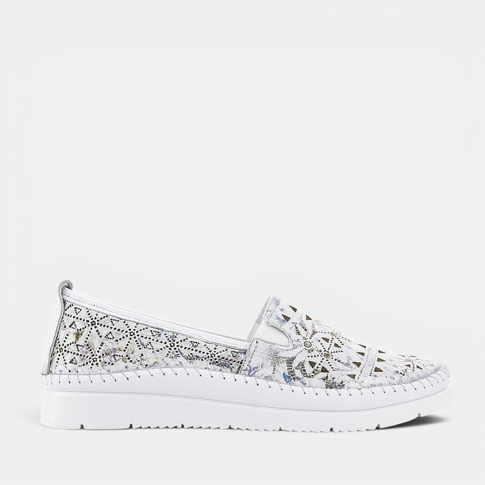 CABELLO Clear White Print slip-on shoes with transparent design and white pattern, casual footwear for everyday wear