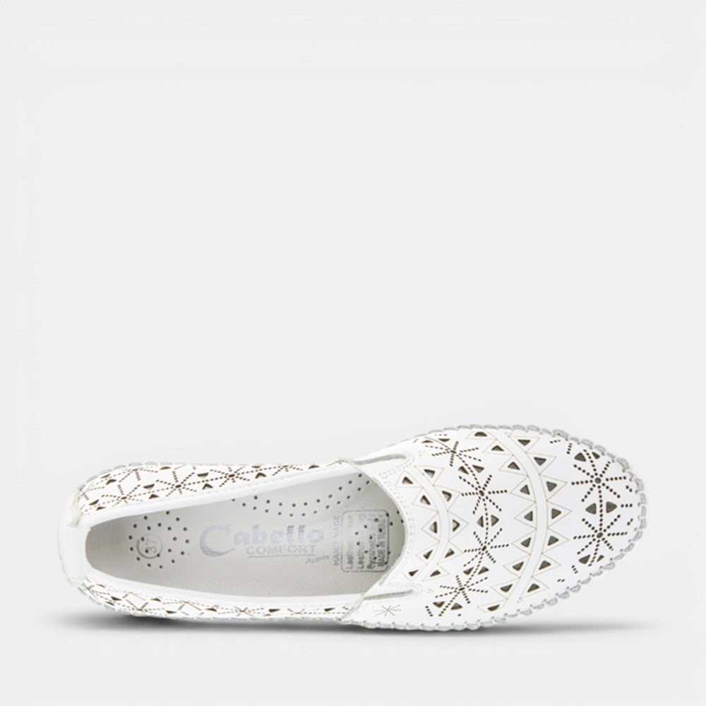CABELLO Clear White slip-on shoes with sleek design and white finish, displayed on a plain background.