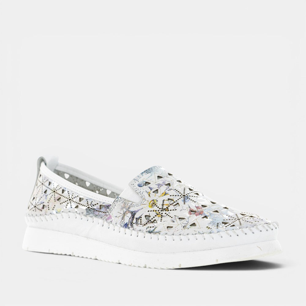 CABELLO clear white slip-on shoes with printed design, featuring a sleek and minimalist style for casual wear.