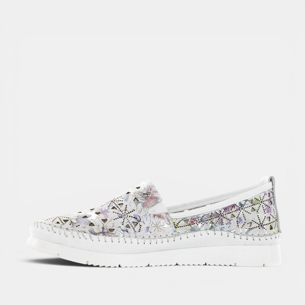 CABELLO Clear White Print slip-on shoes with transparent and white design, featuring bold print details on the upper.