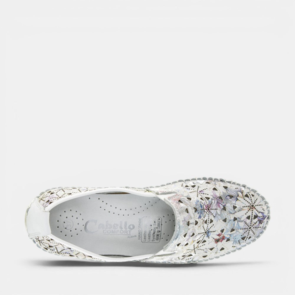 CABELLO clear white slip-on shoes with a sleek design, featuring a transparent white print on the upper.