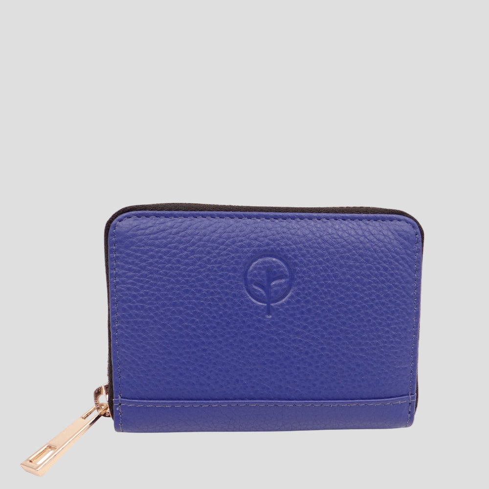 Second Nature cobalt wallet with multiple card slots and secure zipper closure, made from durable leather material.
