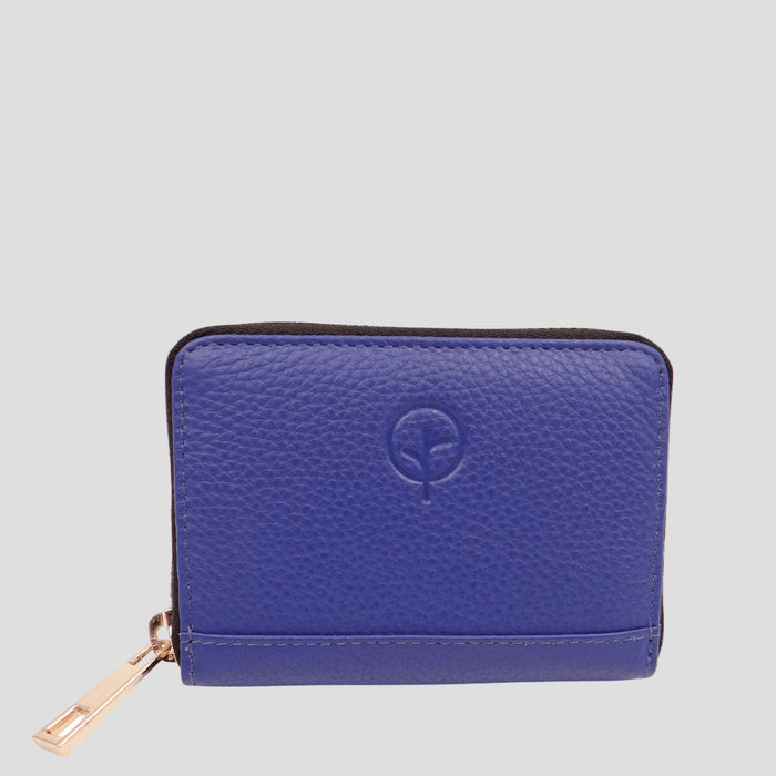 Second Nature cobalt wallet with multiple card slots and secure zipper closure, made from durable leather material.