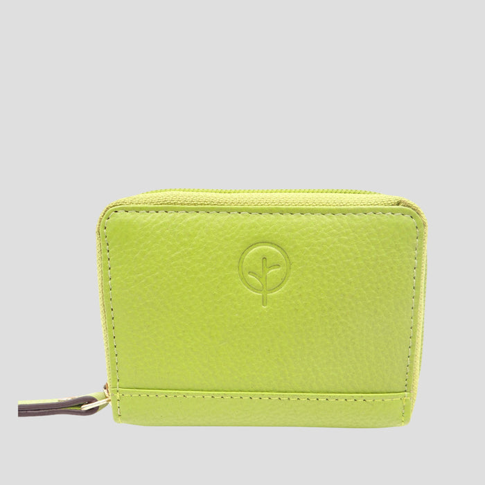 Second Nature C012 Lime wallet showing vibrant green leather with multiple card slots and a sleek, compact design.