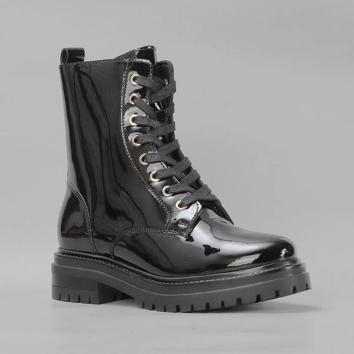 Black patent boots from LE SANSA COOLIE collection, featuring sleek design and stylish ankle-high silhouette.