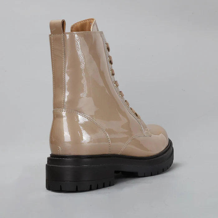 LE SANSA Coolie Blush Patent Boots with rounded toe and block heel, stylish footwear with glossy blush finish.