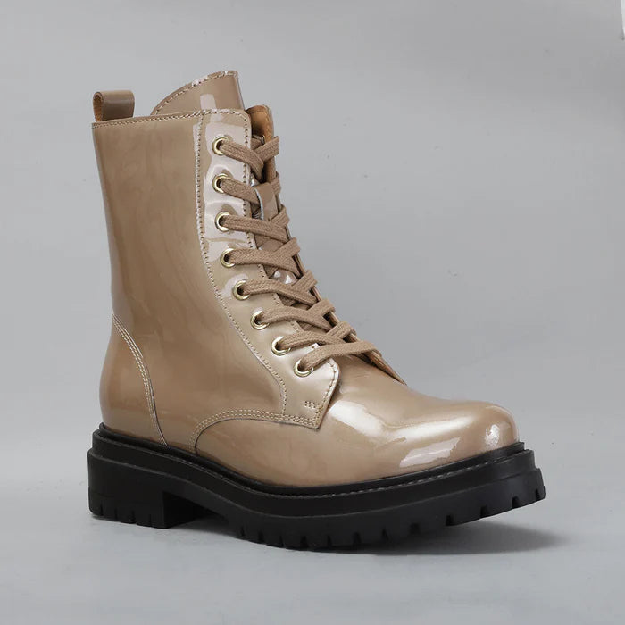 LE SANSA Coolie Blush Patent Boots with sleek shiny finish and stylish design, perfect for trendy footwear.