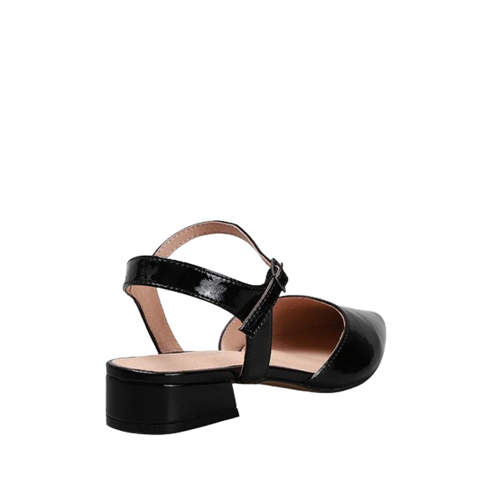 Le Sansa Coralie black patent sandals with open toe design and ankle strap, showcasing shiny black patent leather.