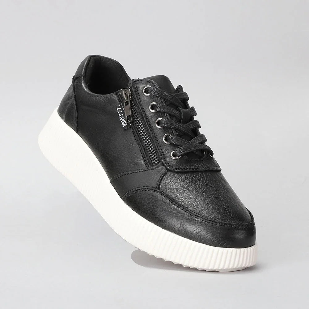 Le Sansa COSCO black sneakers with sleek design and white sole, shown from the side view.