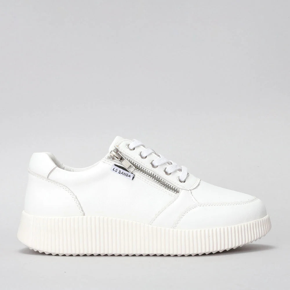 Le Sansa white sneakers with side view, showcasing stylish design and clean white leather finish.