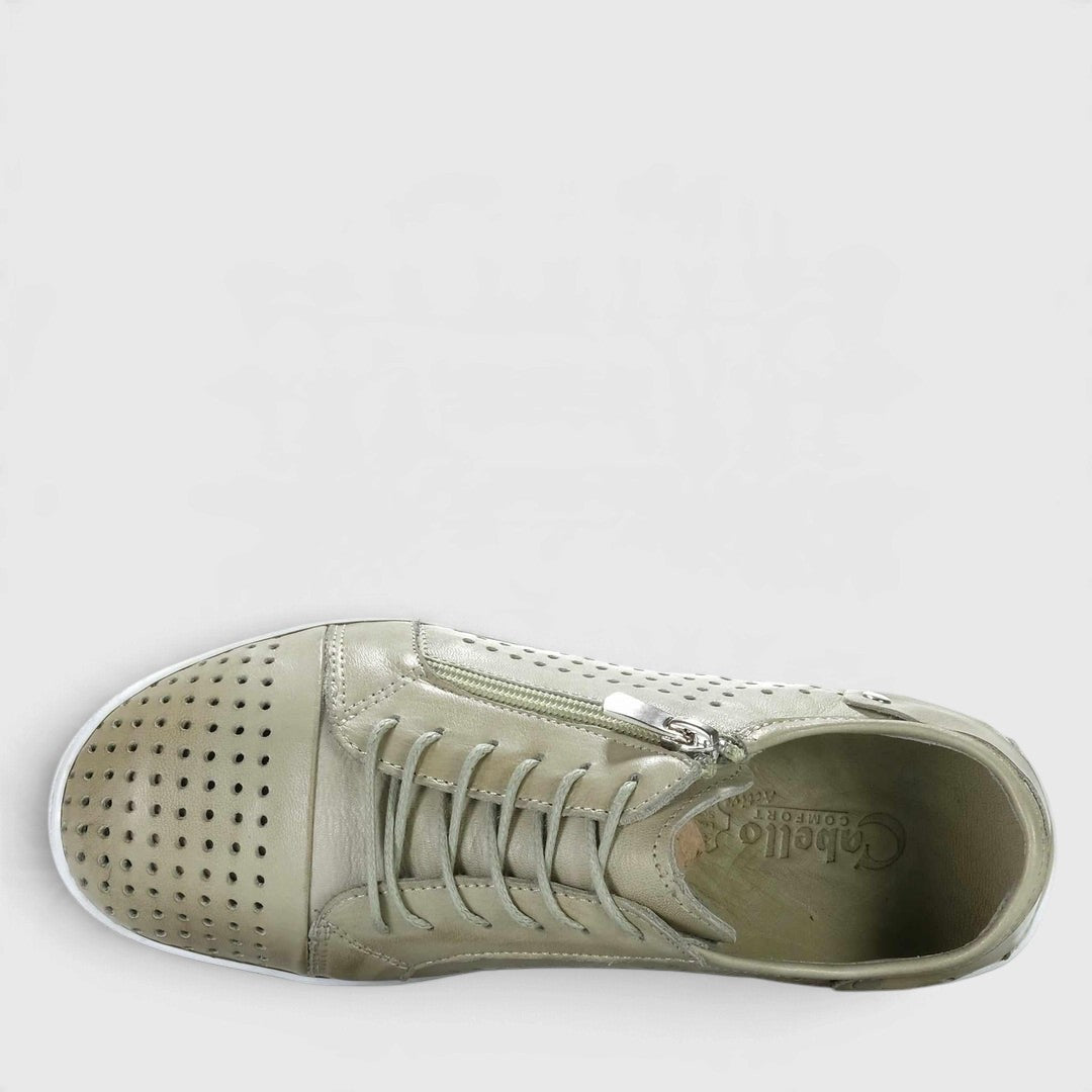 Pistachio green Cabello EG17 sneakers with white soles and stylish design, showcasing the comfortable athletic footwear.
