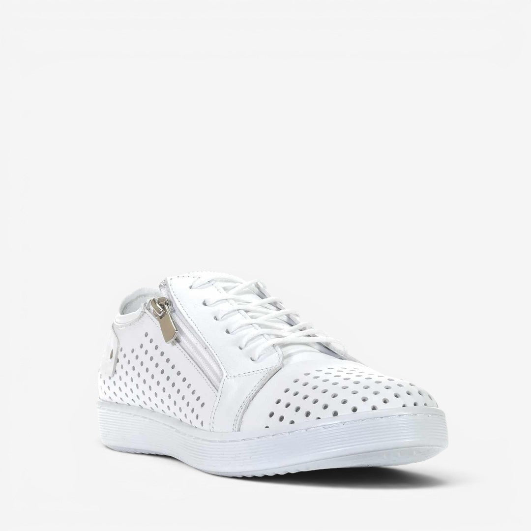 White CABELLO EG17 sneakers with sleek design and white laces, featuring a comfortable rubber sole and modern athletic style.