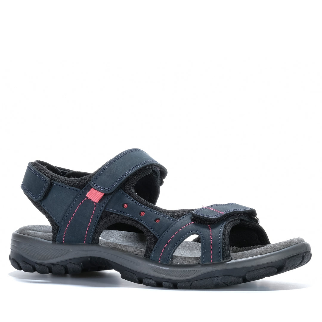 Navy Cabello Trek sandals with adjustable straps and cushioned soles, designed for comfort and outdoor wear.