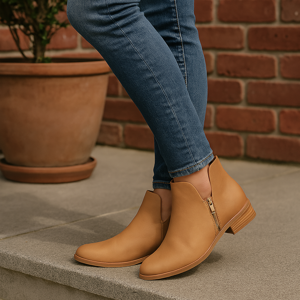 Le Sansa Mara Tan boots featuring ankle-high design, tan leather material, and stylish stitching details.