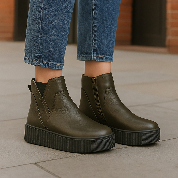 Alfie & Evie Desmond Khaki boots showing ankle-high design with laces and rugged sole for casual wear.