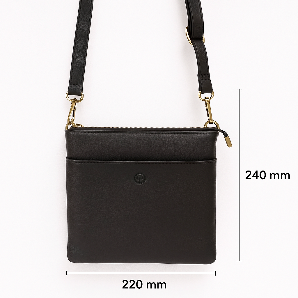 Second Nature black handbag with gold accents, stylish and elegant, featuring a sleek design and textured surface.