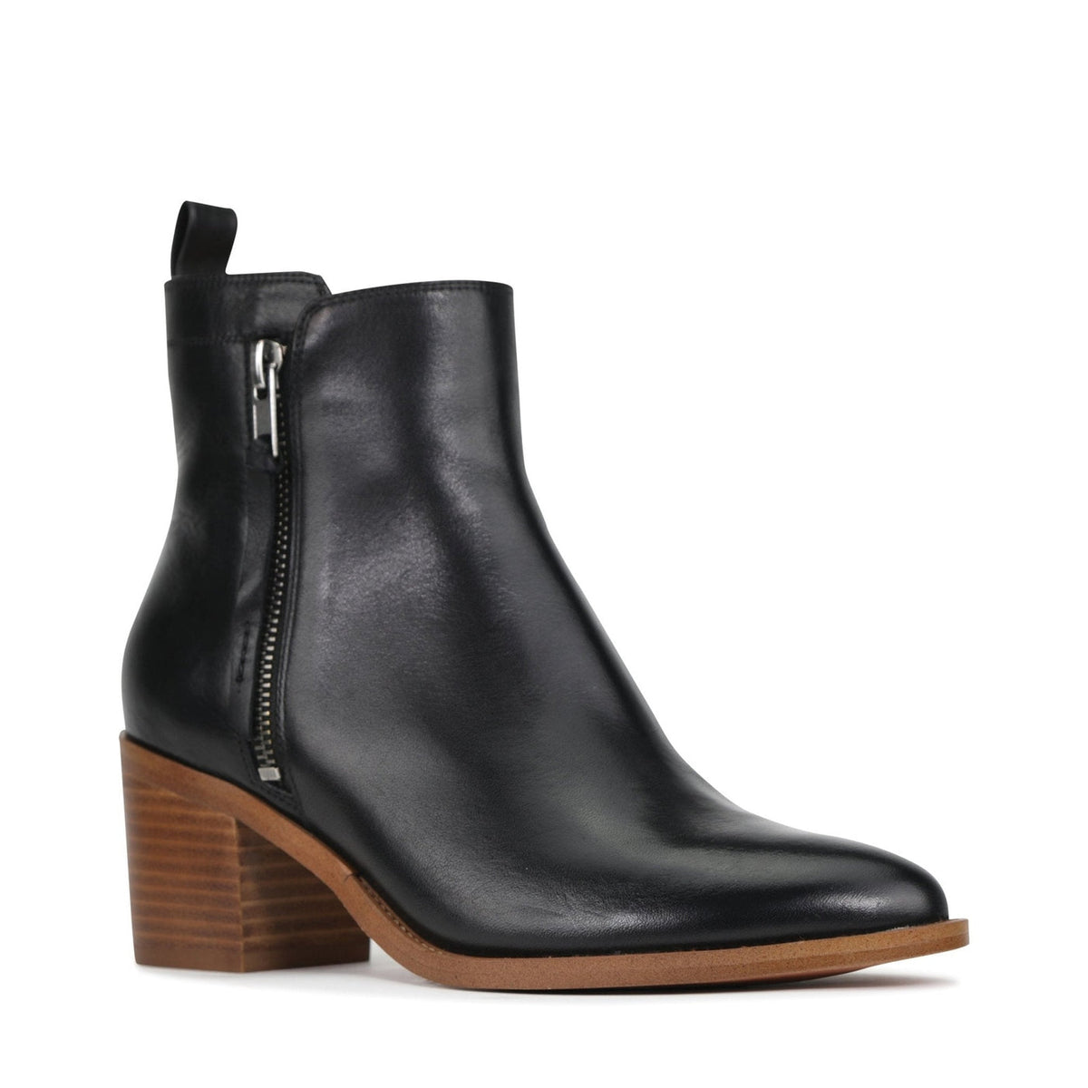 Eos Ciara black boots with sleek design and ankle-high style, shown from an angled view.