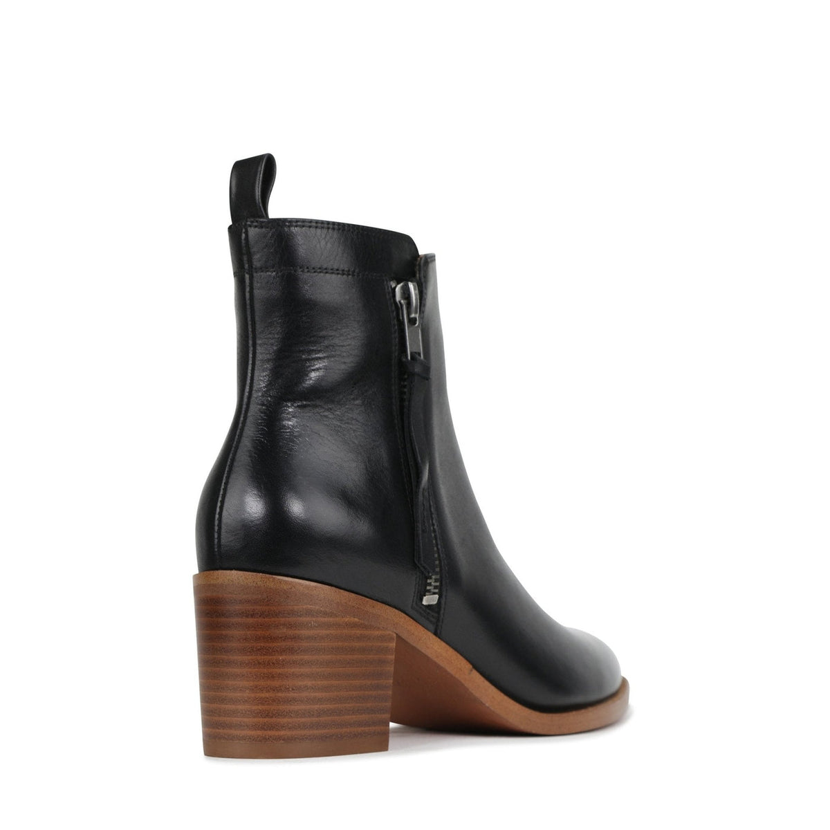 Eos Ciara black boots shown from back angle, featuring sleek design and ankle height with subtle heel detail.