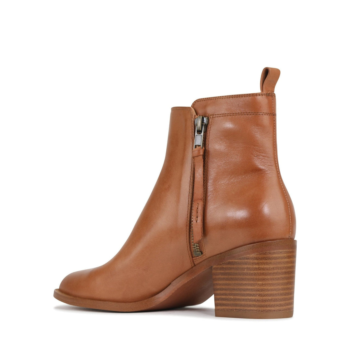 Eos Ciara Brandy boots inside view, featuring stylish ankle-length design with tan leather and decorative stitching.