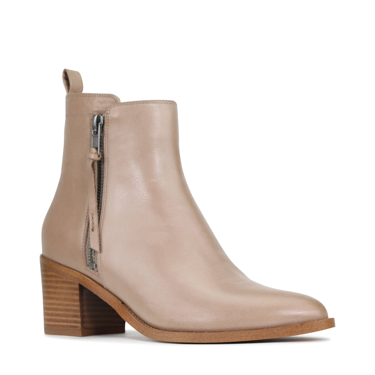 EOS Ciara taupe boots with rounded toe and block heel, displayed from an angled side view.