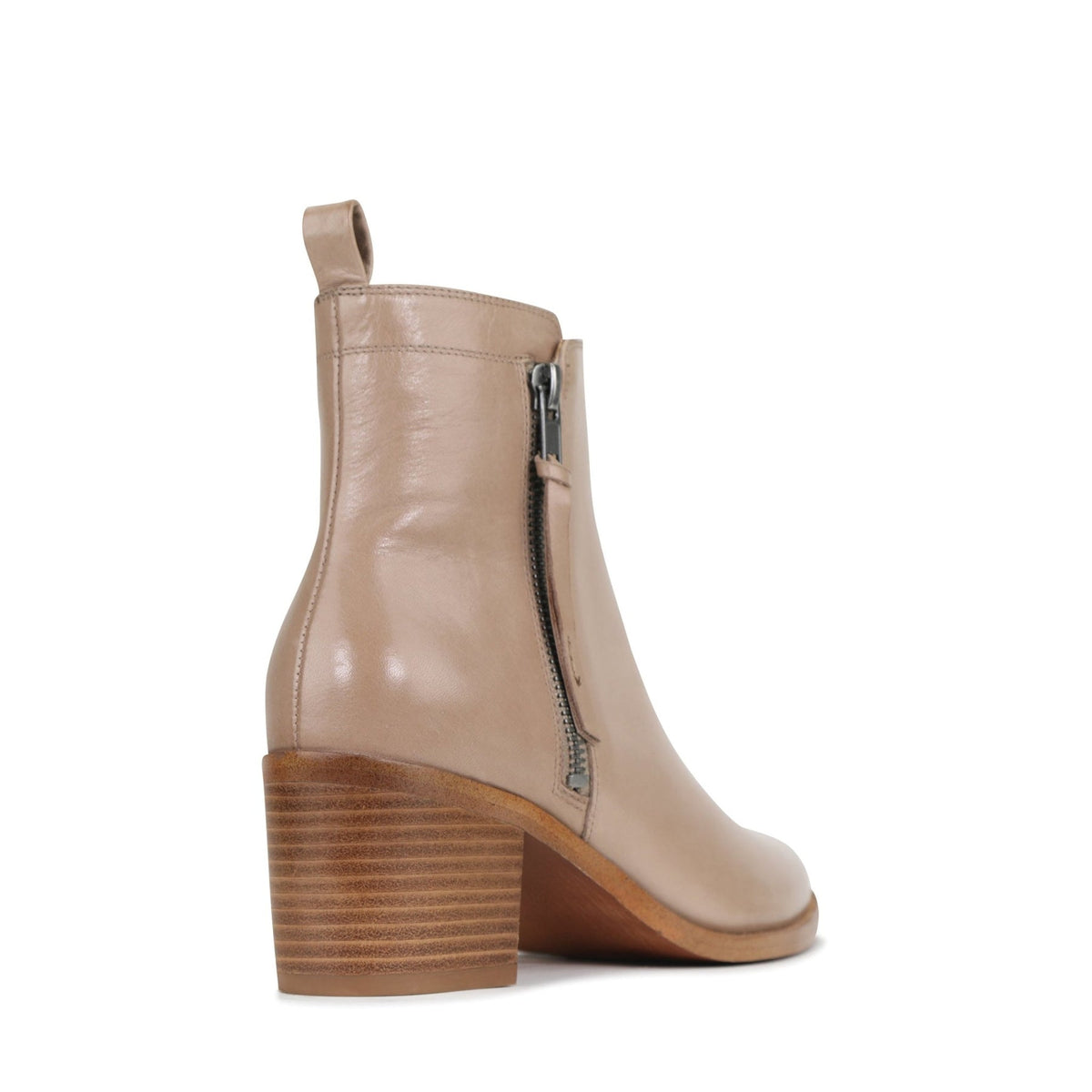 EOS Ciara taupe boots shown from the back, featuring sleek design and ankle-high style with subtle heel and smooth leather finish.