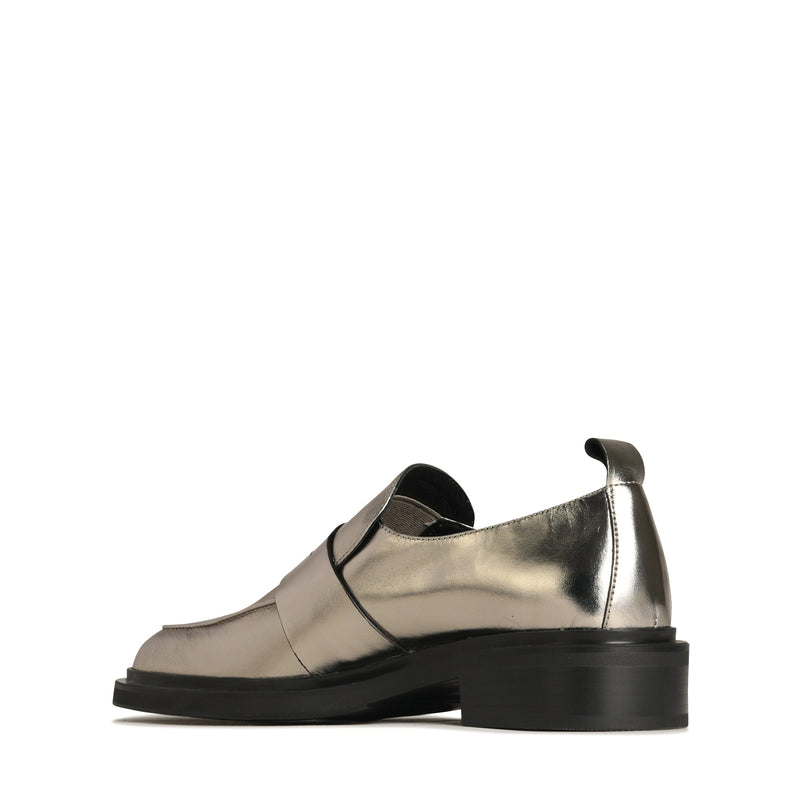 Eos Coia pewter leather loafers showing the inside view with detailed stitching and classic slip-on design.