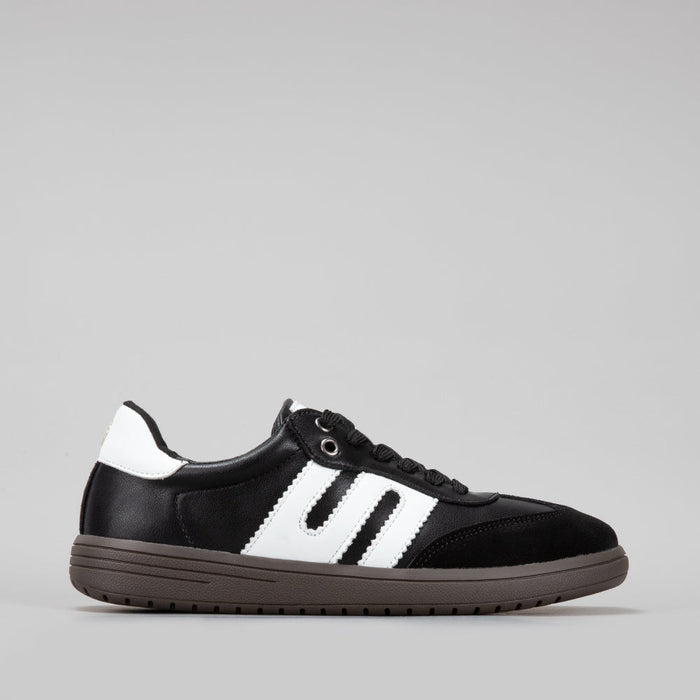 Le Sansa Juno black and white sneakers with stylish design and comfortable fit, showcased from the side view.