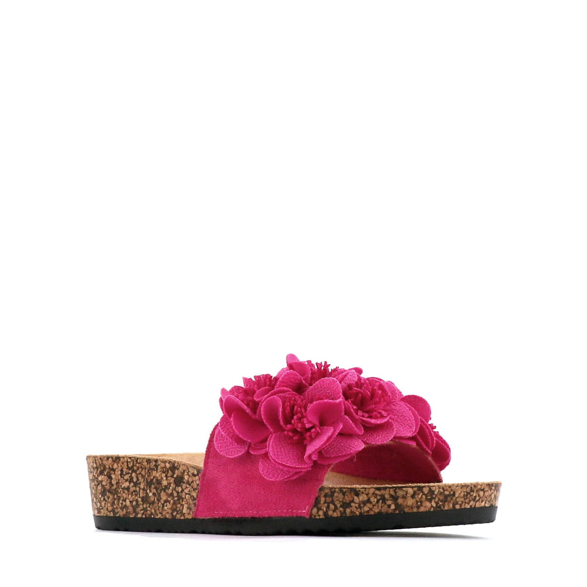 Fuchsia Los Cabos slippers with corsage design, soft fabric upper and comfortable sole, stylish footwear for casual wear.