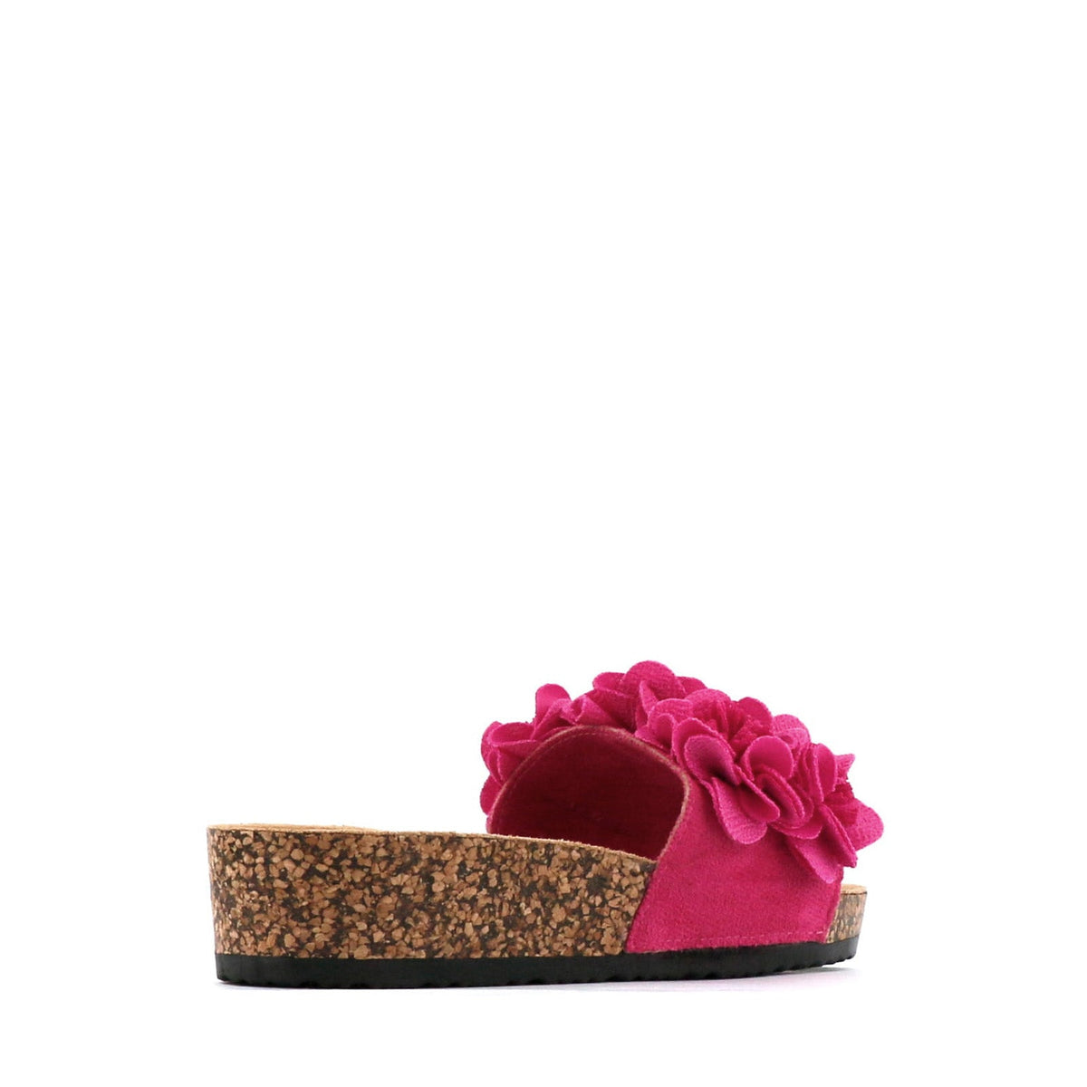 Fuchsia Los Cabos slippers with floral corsage design, soft fabric upper and comfortable sole for casual wear.