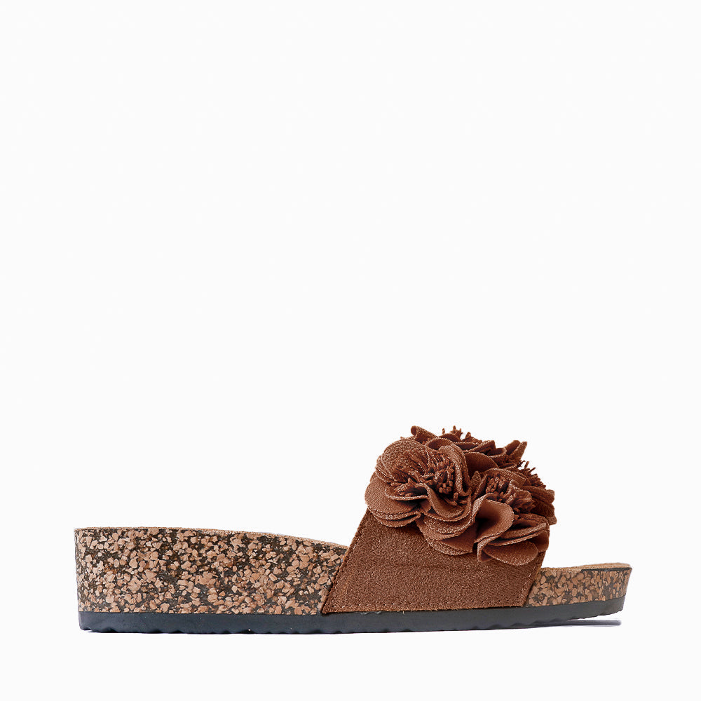 Los Cabos Corsage Truffle slippers with decorative floral design and soft fabric exterior, ideal for comfortable casual wear.