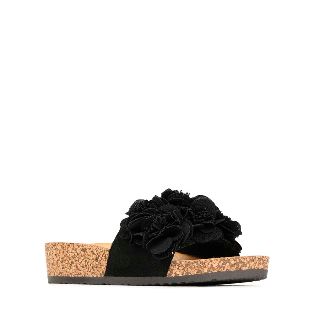 Black Los Cabos corsage slippers with a sleek design and comfortable fit, perfect for casual or indoor wear.