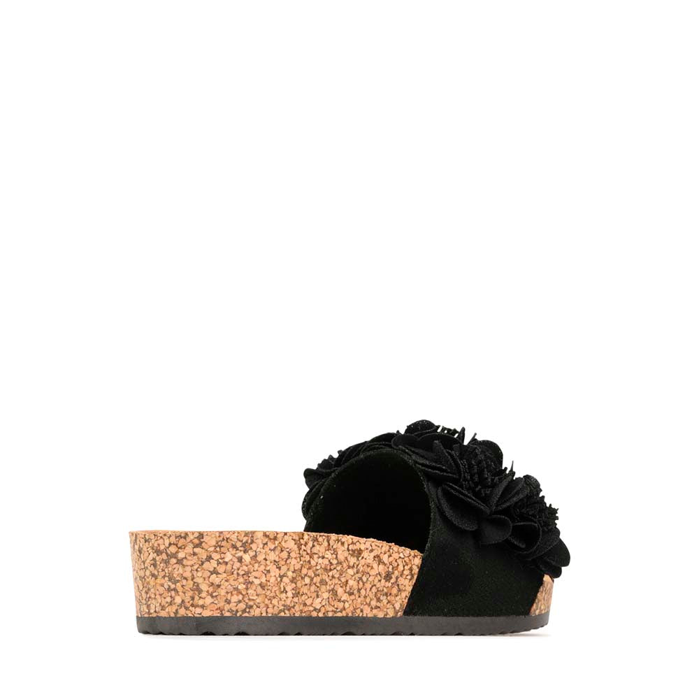 Black Los Cabos slippers with a corsage design, featuring a comfortable slip-on style and floral embellishments on the upper.