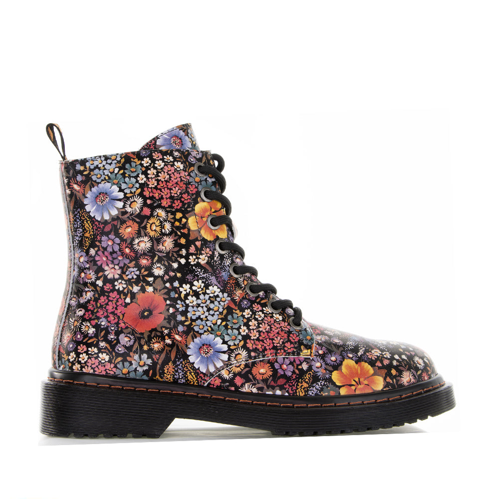 Le Sansa Depth Black Multi boots featuring floral design, stylish ankle boots with black and colorful accents.