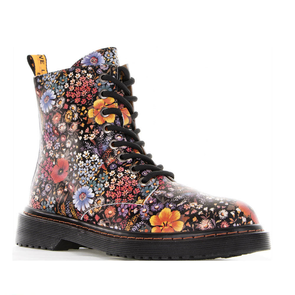 Le Sansa Depth Black Multi boots with floral details, stylish ankle-length design, and textured black leather exterior.