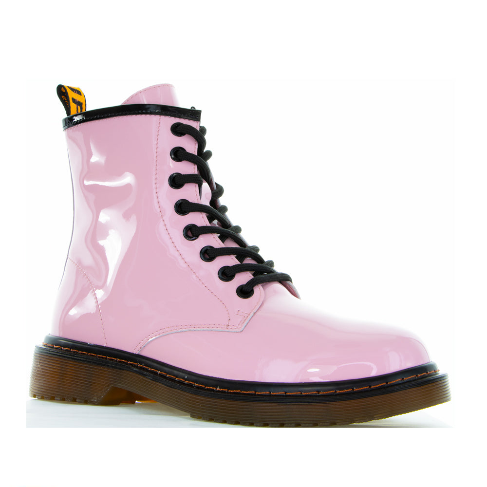 Le Sansa Depth Candy patent boots with chunky soles and sleek design, featuring shiny black finish and stylish ankle height.