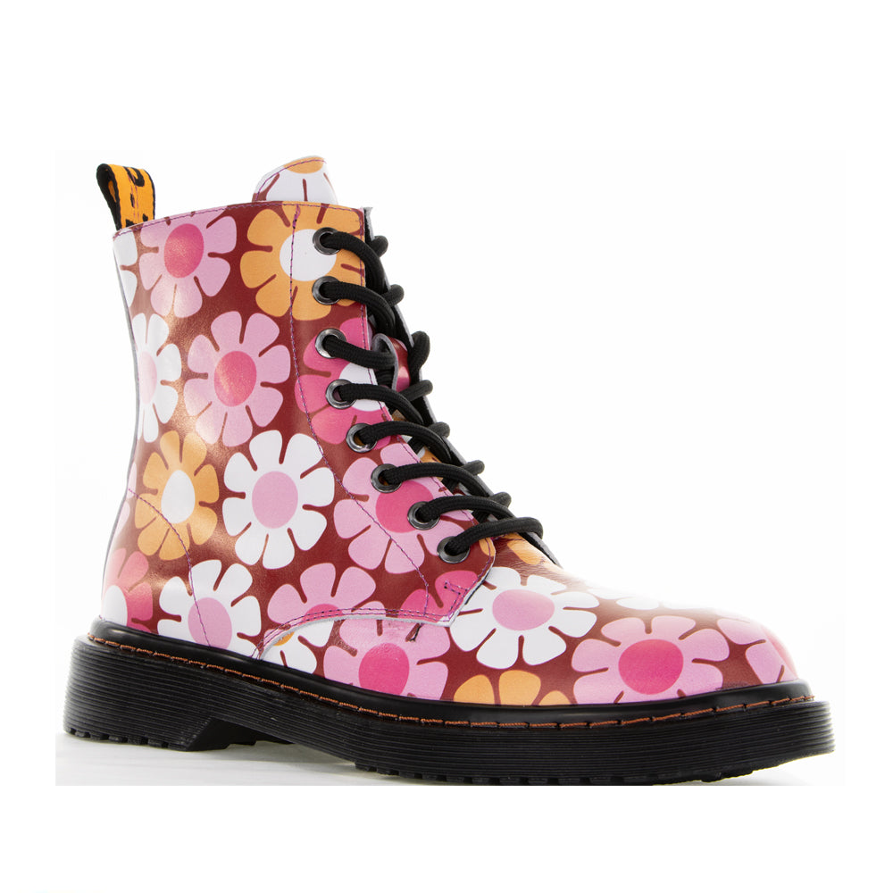 Pink floral leather boots by Le Sansa, featuring a stylish design with floral accents and a comfortable sole.