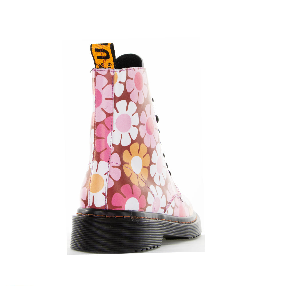 Le Sansa pink floral boots with a floral embroidered design, showcasing stylish footwear with a vibrant, decorative pattern.