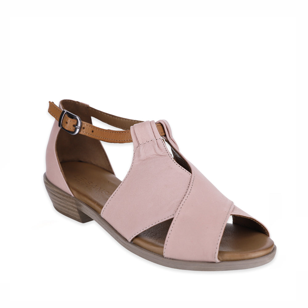 Le Sansa Digby Tan Sandals with blush accents, featuring a stylish open-toe design and ankle straps for casual summer wear.