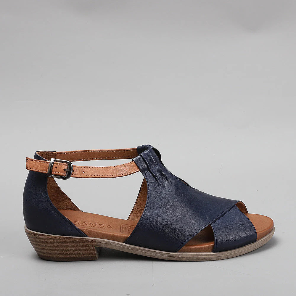 LE SANSA Digby navy and tan sandals featuring leather straps and a comfortable open-toe design