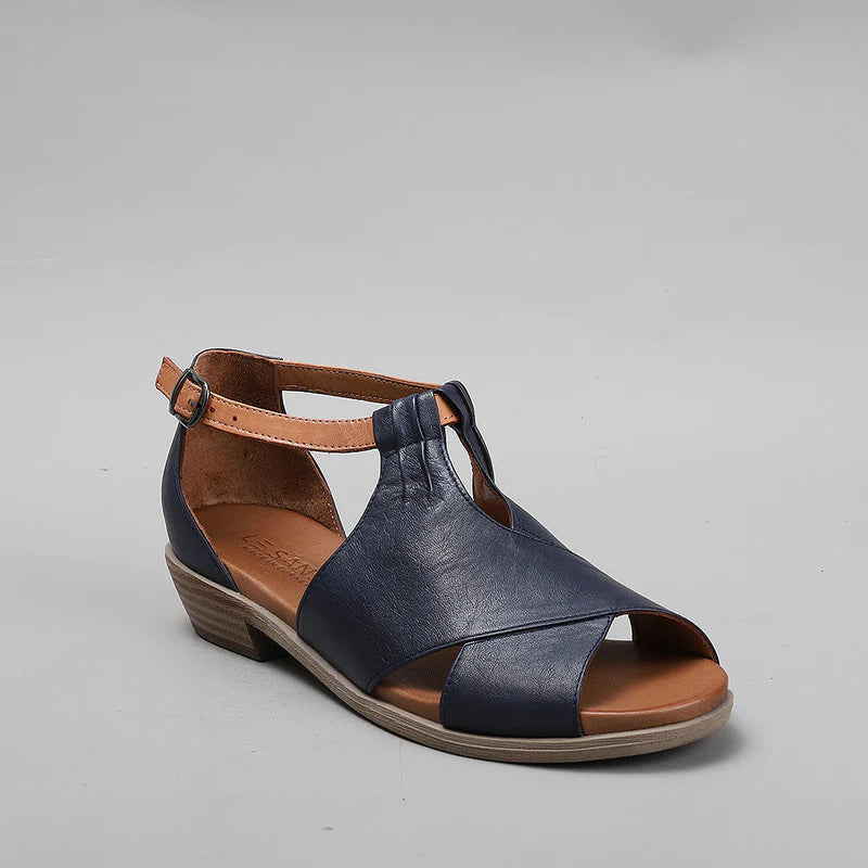 LE SANSA Digby navy and tan sandals with open toes and strap details, perfect for casual summer wear.