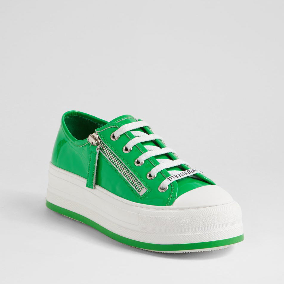 Django & Juliette Giza emerald patent sneakers with sleek design, featuring shiny emerald green patent leather and stylish laces.